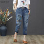 Cartoon Embroidery Ripped Hole Harem Jeans Women Oversized 4xl Capris Denim Pants Streetwear High Waist Trousers