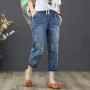 Cartoon Embroidery Ripped Hole Harem Jeans Women Oversized 4xl Capris Denim Pants Streetwear High Waist Trousers