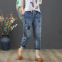 Cartoon Embroidery Ripped Hole Harem Jeans Women Oversized 4xl Capris Denim Pants Streetwear High Waist Trousers