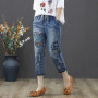 Women's Jeans Embroidery Ripped Capris Straight Leg Pants Streetwear Vintage Cute Plus Size 4XL Denim Trousers