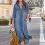 Women's Denim Dress Fashion Elegant Single Breasted Blue Long Dress Loose Over Knee Skirt Streetwear