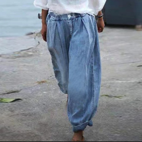 Large Size High Waist Solid-Color Loose Spanning Pants Street Harem Denim Long Pants