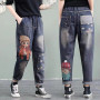 Fashion Women Jeans New Bottoms Loose Casual Trousers Embroidery Cartoon Harem Pants