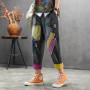 New light color nine-point jeans retro patch embroidery casual elastic waist curled women's trousers