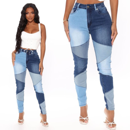 Women Streetwear Black Blue Contrast Stitch High Waisted Pencil Pants Denim Trousers
