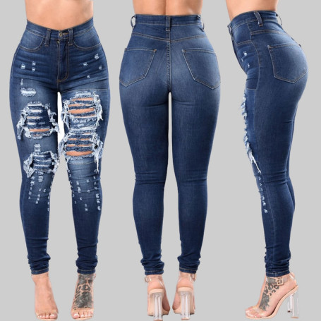 Women's Stretch Skinny Ripped Hole Washed Denim Jeans Slim Jeggings High Waist Pencil Trousers