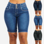 Women Mid Rise Pockets Short Pants Buttons Fly Short Jeans Knee Length Stretchy Denim Shorts