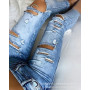 Women Slim Skinny Holes Pants Cutout Ripped Low Waist Jeans Pencil Jeans Denim Button Bleached