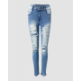 Women Slim Skinny Holes Pants Cutout Ripped Low Waist Jeans Pencil Jeans Denim Button Bleached