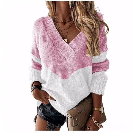 Sweater Color Matching Women's Knitwear Street Hipster New Pullover V-neck Loose Sweaters Elastic One Size