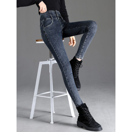 Women 3-row Buckle Elastic Denim Pants Fashion High Waist Skinny Jeans Vintage Slim Waist Ankle-Length Pencil Jeans