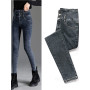 Women 3-row Buckle Elastic Denim Pants Fashion High Waist Skinny Jeans Vintage Slim Waist Ankle-Length Pencil Jeans