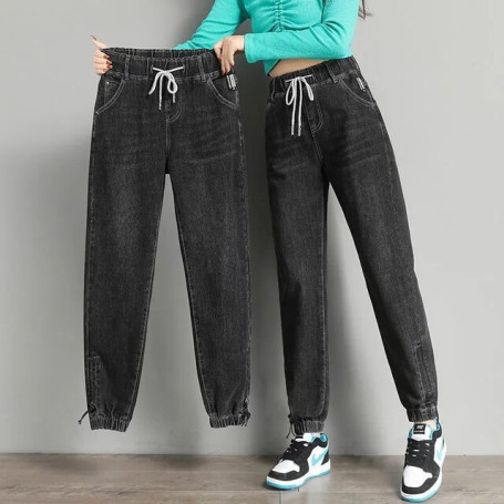 Women Casual Elastic High Waist Harem Trousers Denim Pants Streetwear Drawstring Ankle-length Jogger Jeans