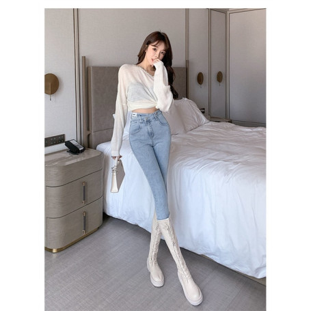 Super Elastic High Waist Pencil Jeans Streetwear Women Skinny Denim Trousers Double Button Retro Stretch Pants