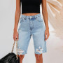 Denim Shorts Woman Fashion High Waist Hole Five-Point Washed Thin Jeans