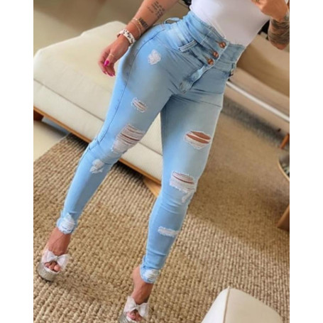 Women's Trend Fashion High Waist Buttoned Cutout Ripped Casual Skinny Plain Pocket Design Daily Long Jeans