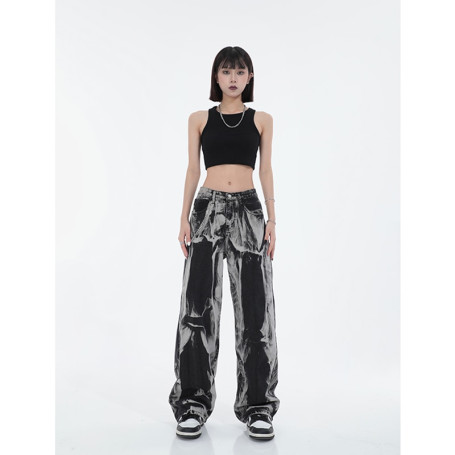 Women's Vintage Tie Dye Jeans Hip Hop Baggy High Waist Wide Leg Pants Street Straight Denim Trouser