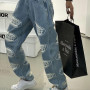 Fun all-printed hip-hop women's jeans plus size retro streetwear trousers slim high waist jeans