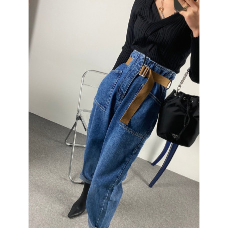 Women Fashion Vintage Loose Washed Denim Trousers High Waist Ankle Length Baggy Belted Harem Jeans Pants