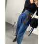 Women Fashion Vintage Loose Washed Denim Trousers High Waist Ankle Length Baggy Belted Harem Jeans Pants