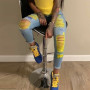 Hole Ripped Jeans for Women Yellow Scratch Denim Pencil Pants High Waisted Stretch Skinny Hollow Out Sexy Jeans