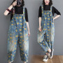 Fashion Sunflower Printed Jeans Overalls Women's Denim Suspenders Jumpsuits Long Pants Pocket Floral Rompers