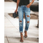 Women Fashion Mid Waist Ripped Hole Jeans Casual High Street Denim Pants Sexy Vintage Pencil Jeans