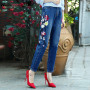 Women's Embroidered straight Jeans Elegant Slim Fit Printed Denim pants Oversized High waist zipper trousers