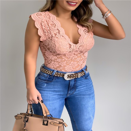 Women Slim Tunic Lace V Neck Sexy Elegant Short Sleeve T Shirt Lace Flower Tops Blouse