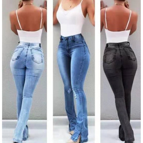 Women New Casual Vintage Denim Ladies High Waist Stretch Pocket Trousers Fashion Wide Leg Jeans