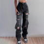 Women High Waist Straight Baggy Jeans Ripped Holes Breathable Long Denim Pants