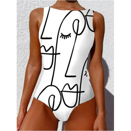 Graffiti abstract printed wide belt high neck open back swimsuit