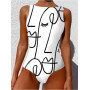 Graffiti abstract printed wide belt high neck open back swimsuit