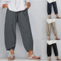 Vintage Harem Pants Women Casual Elastic Waist Cotton Linen Wide Leg Loose Pants Solid Cropped Trousers