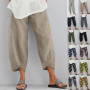 Casual Cotton Linen Wide Leg Pants Women Loose Comfort Elastic Waist Harem Pants Vintage Solid Cropped Pants Trousers