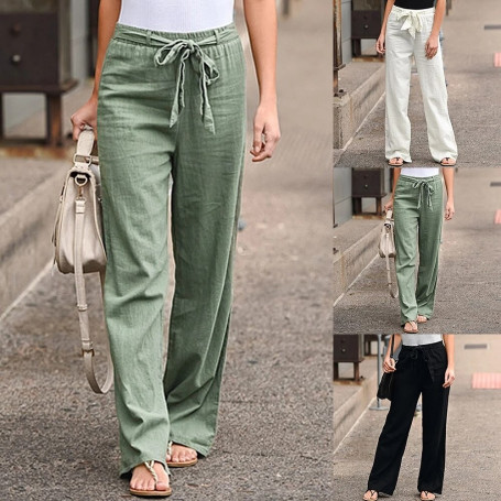 Women Fashion Waist Elastic Waist Solid Color Straight Trouser Casual Loose Linen Cotton Wide Leg Pants