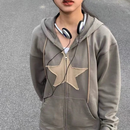 Hip Hop Zip Up Hoodie Vintage Star Patch Cotton Loose Sweatshirt Jacket Harajuku Gothic Long Sleeve Women Clothes