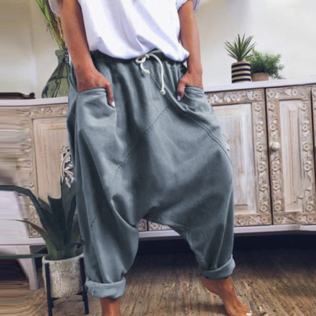 Women Harem Pants Trousers Boho Mid Waist Pants Women Solid Check Pants Baggy Wide Leg Casual Capris