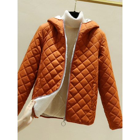 Women's Clothing Fashion New Metal Zipper Hooded Plaid Cotton Thickened Stand Collar Jacket Coat Thick