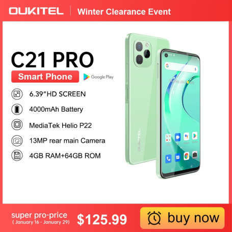 C21 Pro Smartphone 4GB 64GB 6.39"HD+4000mAh Octa Core Android11 Mobile Phone MT6762D 21M/8M Camera Cell Phone