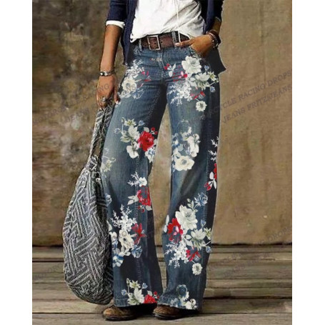 Leg Straight Pants Women Fashion High Waist Wide Leg Pant  Casual Loose Cargo Pant Floral Long Outwear