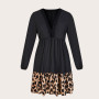 Women Plus Size 4XL Leopard Print Tunic Midi Shirt Dress  Autumn Lace Long Sleeve Black Fashion Elegant Clothing Vestido