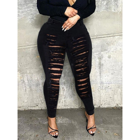 Plus Size Mid Waist High Stretchy Ripped Denim Plain Cut Out Zipper Fly Street Style Regular Fit Type Jeans