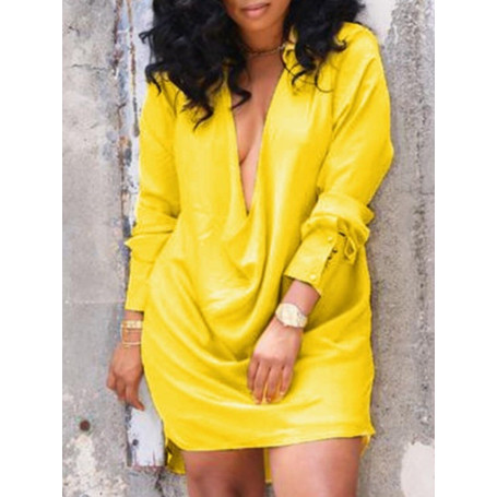 Plus Size Dress Deep V Neck Rushed Curved Hem Solid Loose Casual Regular Long Sleeve Straight Shirt Collar Clothing