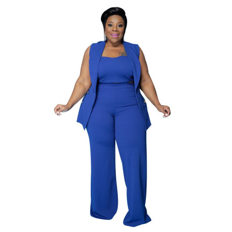 Pure color slim plus size women set three-piece suit straight loose long pants outfit