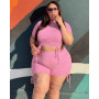 Perl Drawstring Solid Color Two Piece Outfit Plus Size Women's Clothing Curved Matching Set Crop Top+short Suit Casual Tracksuit