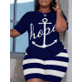 Plus Size Two Piece Women Clothes Casual Hope Letter Print O-neck Tees+ Sporty Stretch Striped Shorts Set