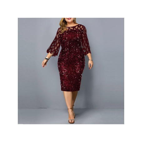 Plus Size Women Clothing Lace Cutout  Sequin Design Sexy Solid Color Slim Party Dress Elegant Wedding Dresses for Women O-Neck