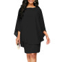 Women Plus Size Ruffles Batwing Half Sleeves Knee-Length Loose Asymmetrical Dress Solid Color Chiffon Wrap Hip Dress