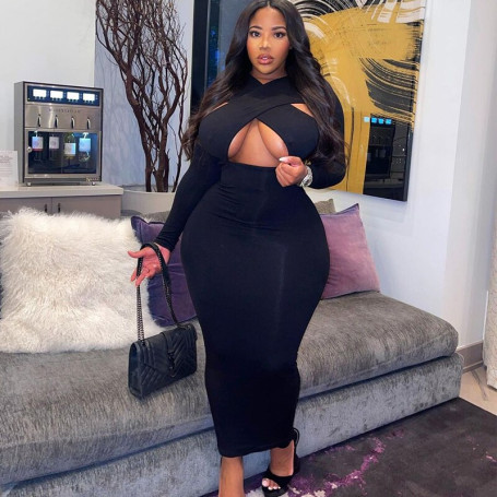 Plus Size Women Clothing Irregular Neck Clube Sexy Bodycon Party Long Sleeve Midi Dress